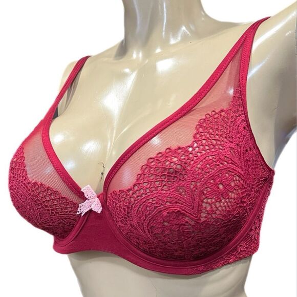 Victorias Secret Body Unlined Demi Crochet Lace / mesh detail bra Ruby Red 32DDD - Picture 5 of 7